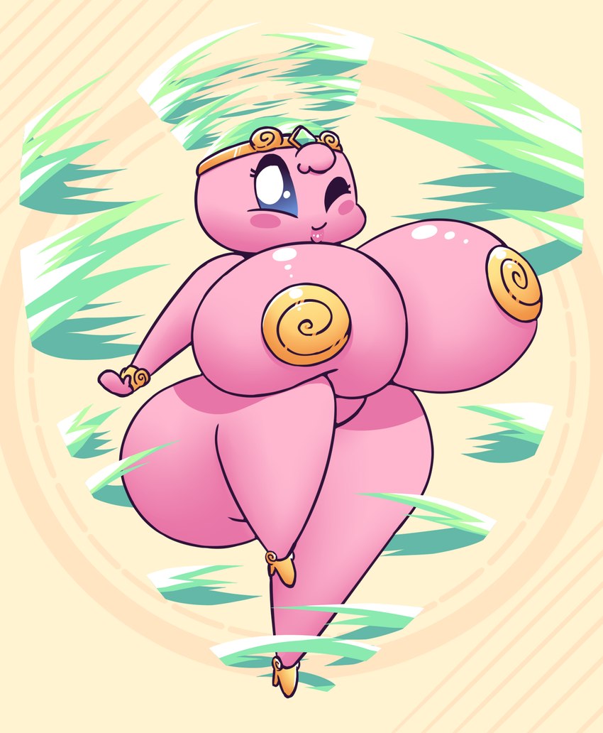 big_breasts blue_eyes breasts clothing crown female footwear headgear high_heels huge_breasts looking_at_viewer one_eye_closed pasties pink_body power_up shoes solo thick_thighs tornado wink winking_at_viewer huztar kirby_(series) nintendo kirby tornado_kirby alien humanoid hi_res