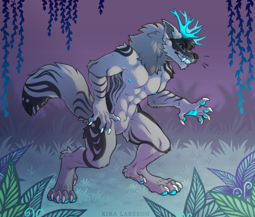 abs anthro antlers bared_teeth claws digitigrade featureless_crotch fluffy fluffy_tail horn male muscular solo standing tail kira_larsson mythology canid canine mammal mythological_canine mythological_creature werecanid werecanine werecreature werewolf