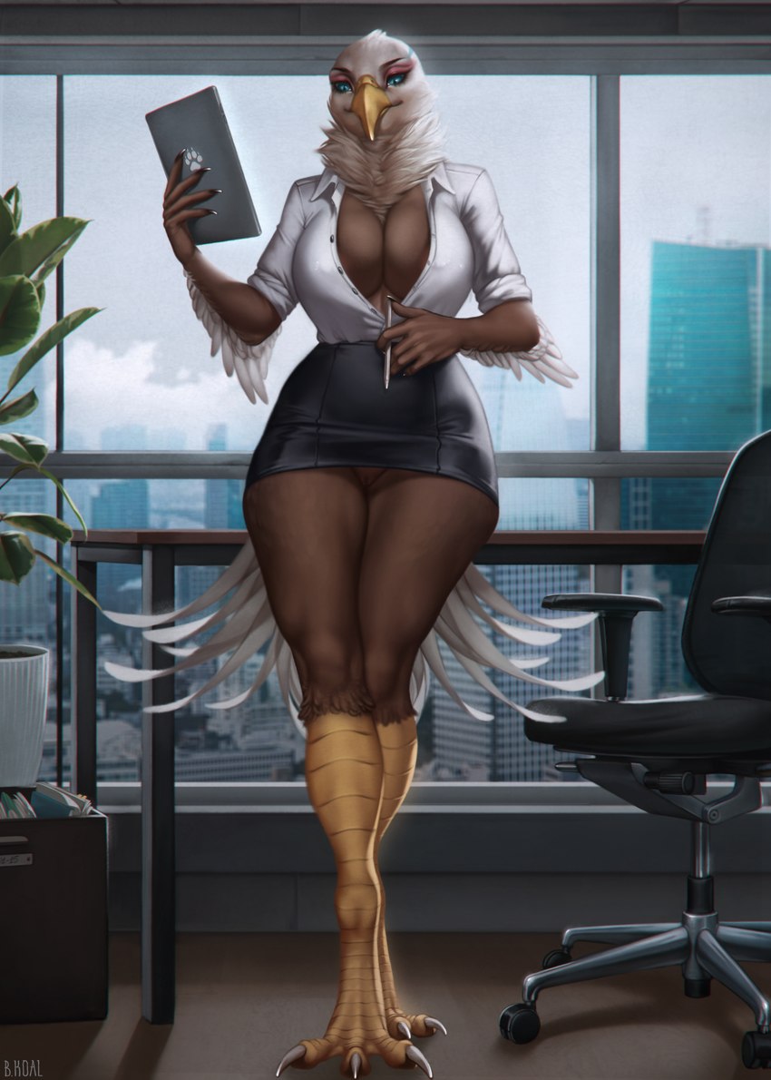 anthro areola areola_slip beak big_breasts blue_eyes bottomwear breasts businesswear city clothed clothing dress_shirt eyeshadow female genitals innie_pussy inside makeup neck_tuft nipples no_underwear non-mammal_breasts non-mammal_nipples office office_lady pussy shirt skirt solo tablet_computer topwear tuft unbuttoned_shirt upskirt wide_hips window b.koal mia_(eag1e) accipitrid accipitriform avian bald_eagle bird eagle sea_eagle 2024 absurd_res hi_res