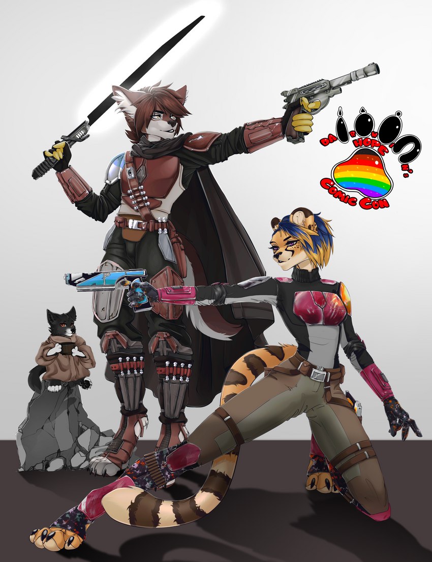 adolescent anthro armor blasters cosplay duo female male mandalorian_armor simple_background weapon young ruusen star_wars balto_star nikki_kofi sabine_wren canid canine canis cheetah felid feline mammal mandalorian wolf absurd_res hi_res