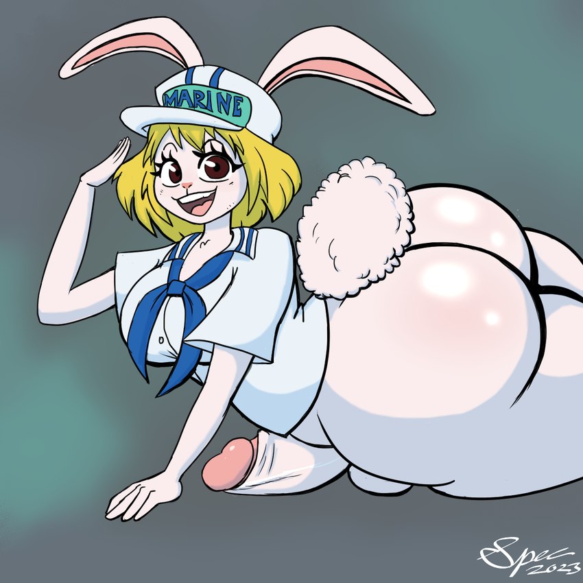 anthro balls big_breasts big_butt big_penis big_tail black_eyebrows blonde_hair bottomless breasts brown_eyes butt clothed clothing cravat eyebrows fur genitals gesture gynomorph hair hat headgear headwear huge_butt humanoid_genitalia humanoid_penis intersex long_ears lying on_front open_mouth open_smile penis pink_inner_ear pink_nose pink_tongue pupils salute scut_tail shirt short_hair short_tail smile solo tail teeth teeth_showing text thick_thighs tongue topwear white_body white_ears white_fur white_tail spectatostudios one_piece carrot_(one_piece) lagomorph leporid mammal rabbit 1:1 2023 artist_name hi_res watermark