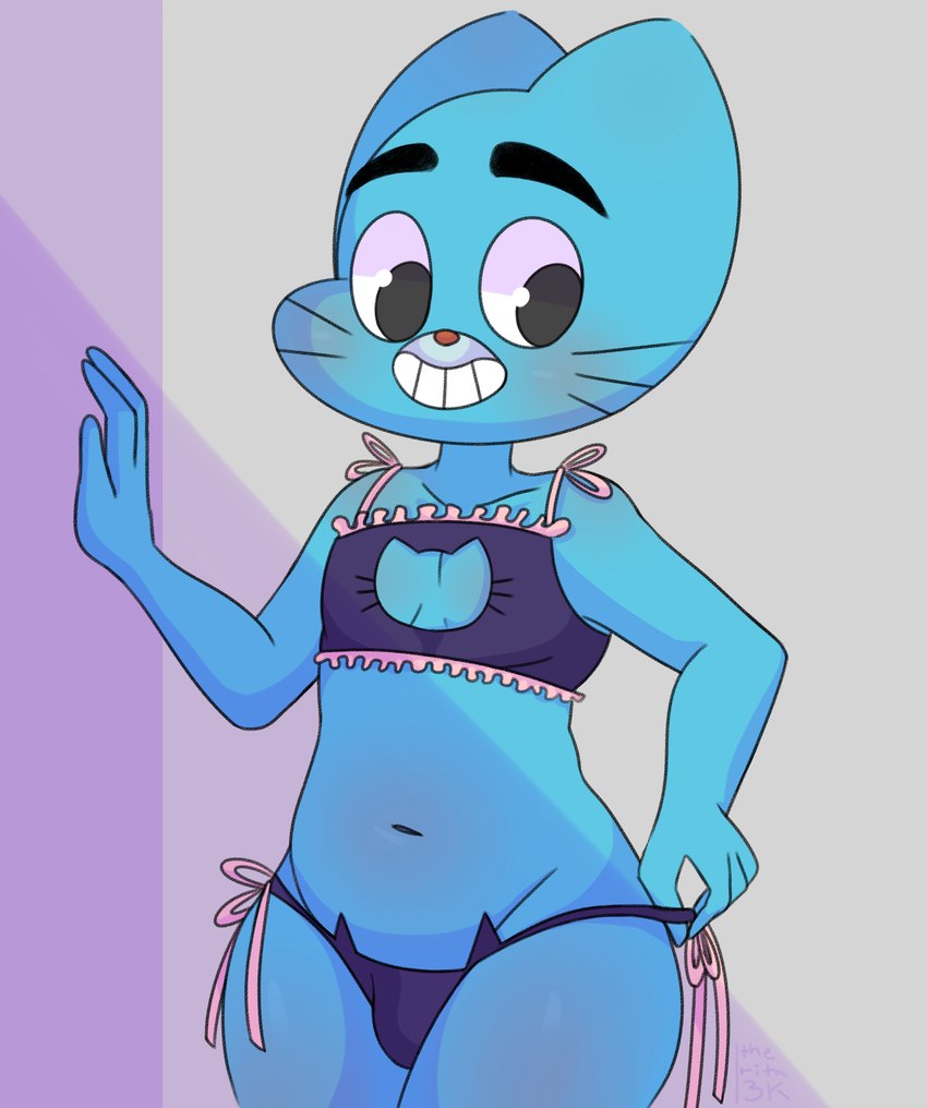 anthro blush bra cleavage_cutout clothed clothing crossdressing cutout femboy frilly frilly_bra frilly_clothing frilly_underwear keyhole_bra keyhole_clothing keyhole_underwear male smile solo string string_panties teeth underwear threek cartoon_network the_amazing_world_of_gumball gumball_watterson felid feline felis mammal absurd_res hi_res