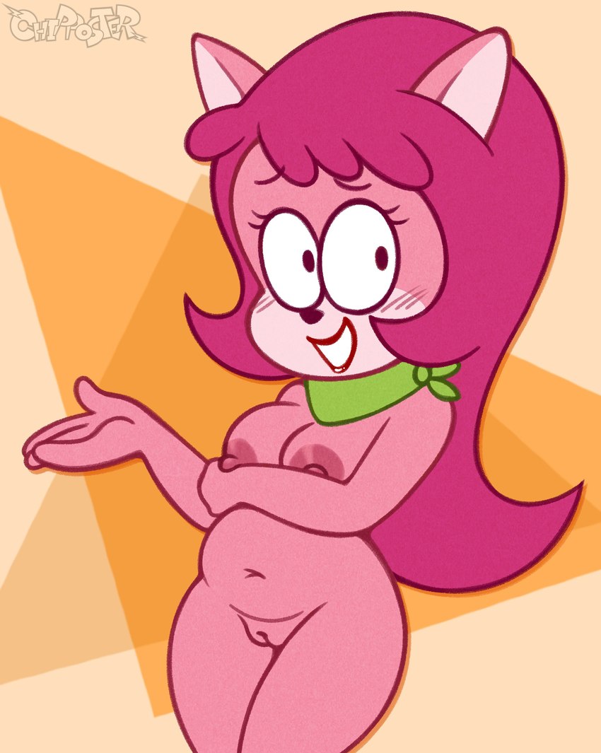 anthro blush breasts female genitals grin hair kerchief kerchief_only mostly_nude neckerchief neckerchief_only neckwear nipples pink_body pink_hair pussy smile solo toony chipposter cattanooga_cats hanna-barbera jellystone_(hbo_max) kitty_jo domestic_cat felid feline felis mammal 2022 absurd_res hi_res portrait three-quarter_portrait