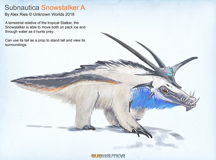 ambiguous_gender black_body black_fur blue_body blue_fur claws fangs feral fur glowing horn orange_body orange_fur quadruped solo teeth text white_body white_fur alex_ries subnautica subnautica_below_zero unknown_worlds_entertainment alien snow_stalker_(subnautica) concept_art english_text official_art