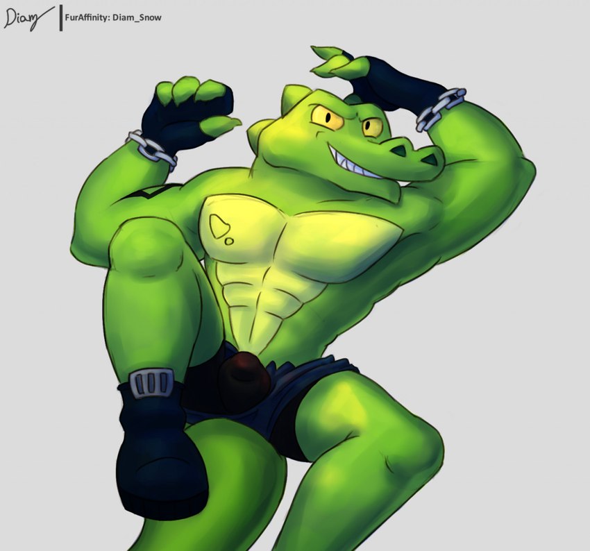 anthro bottomwear bulge clothed clothing detailed_bulge footwear gloves handwear looking_at_viewer male shoes shorts solo topless diam_snow heroes_of_goo_jit_zu rockjaw alligator alligatorid crocodilian reptile scalie