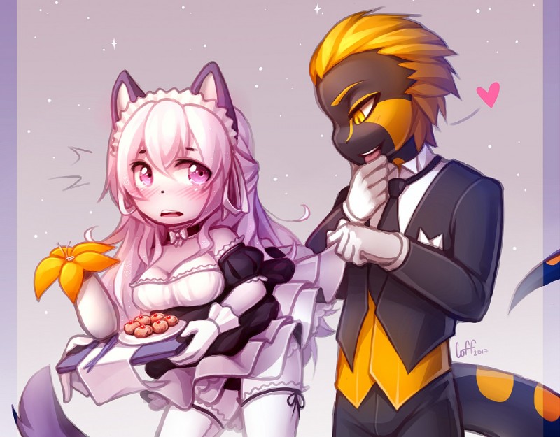 anthro blonde_hair blush breasts clothed clothing duo female hair maid_uniform male uniform coff julia raphael_hall amphibian domestic_cat felid feline felis mammal reptile salamander scalie digital_media_(artwork)