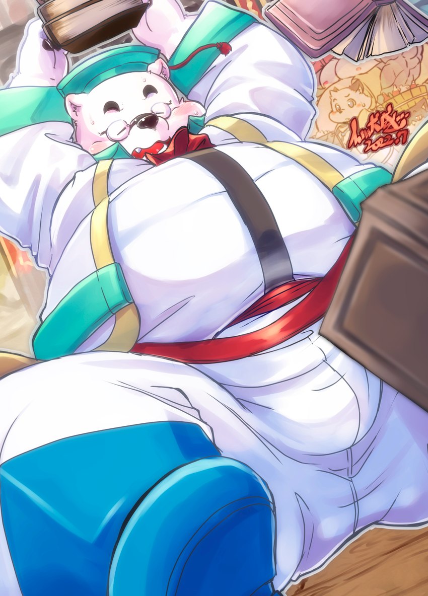 anthro belly big_belly black_nose blush book bottomwear bulge clothing eyes_closed hat headgear headwear humanoid_hands kemono male overweight overweight_male pants solo white_body inuiookawa bear mammal polar_bear ursine 2022 hi_res