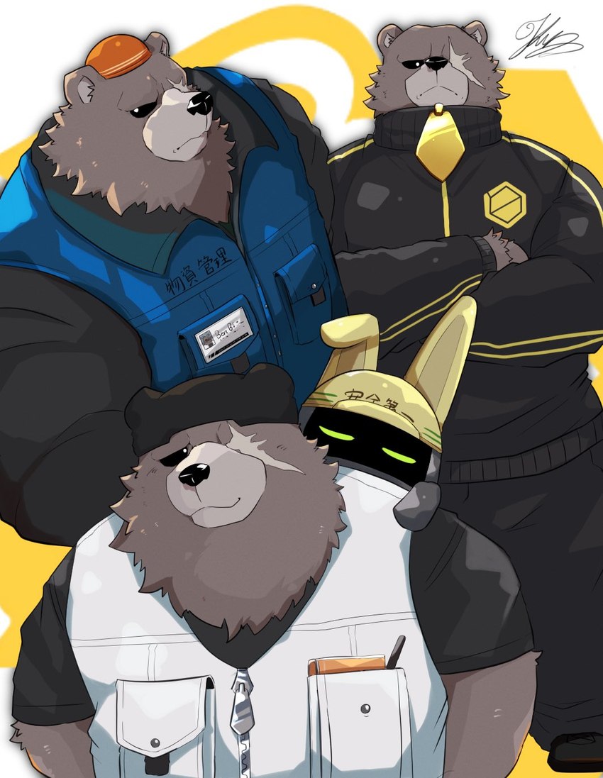 anthro armor beanie brown_body brown_fur clothing facial_scar fur hat headgear headwear helmet machine male missing_eye scar smile tracksuit kt0414143919 mihoyo zenless_zone_zero ben_bigger safetyboo bangboo bear mammal robot hi_res