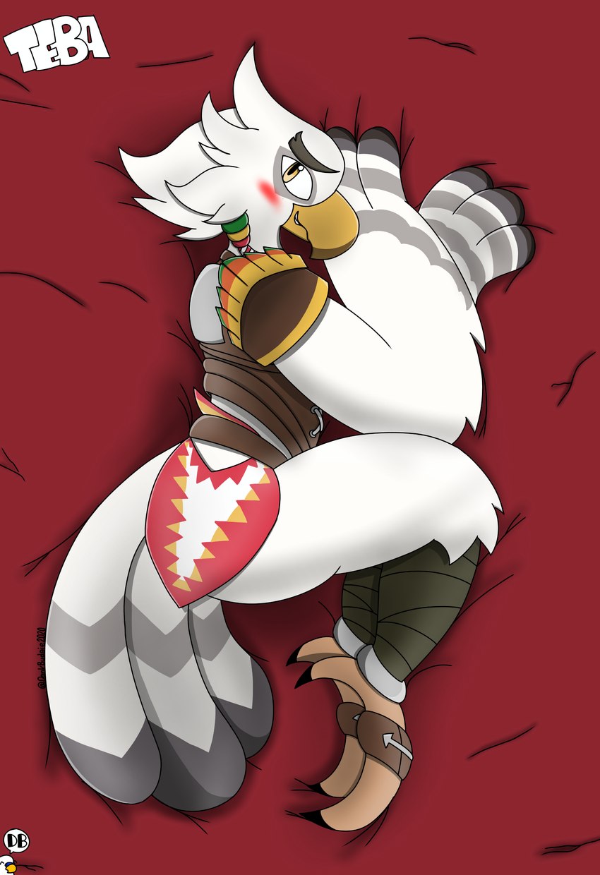 anthro armor bed bed_sheet bedding blush dakimakura furniture lying male on_side solo warrior dankbudgie nintendo the_legend_of_zelda teba_(tloz) avian absurd_res hi_res