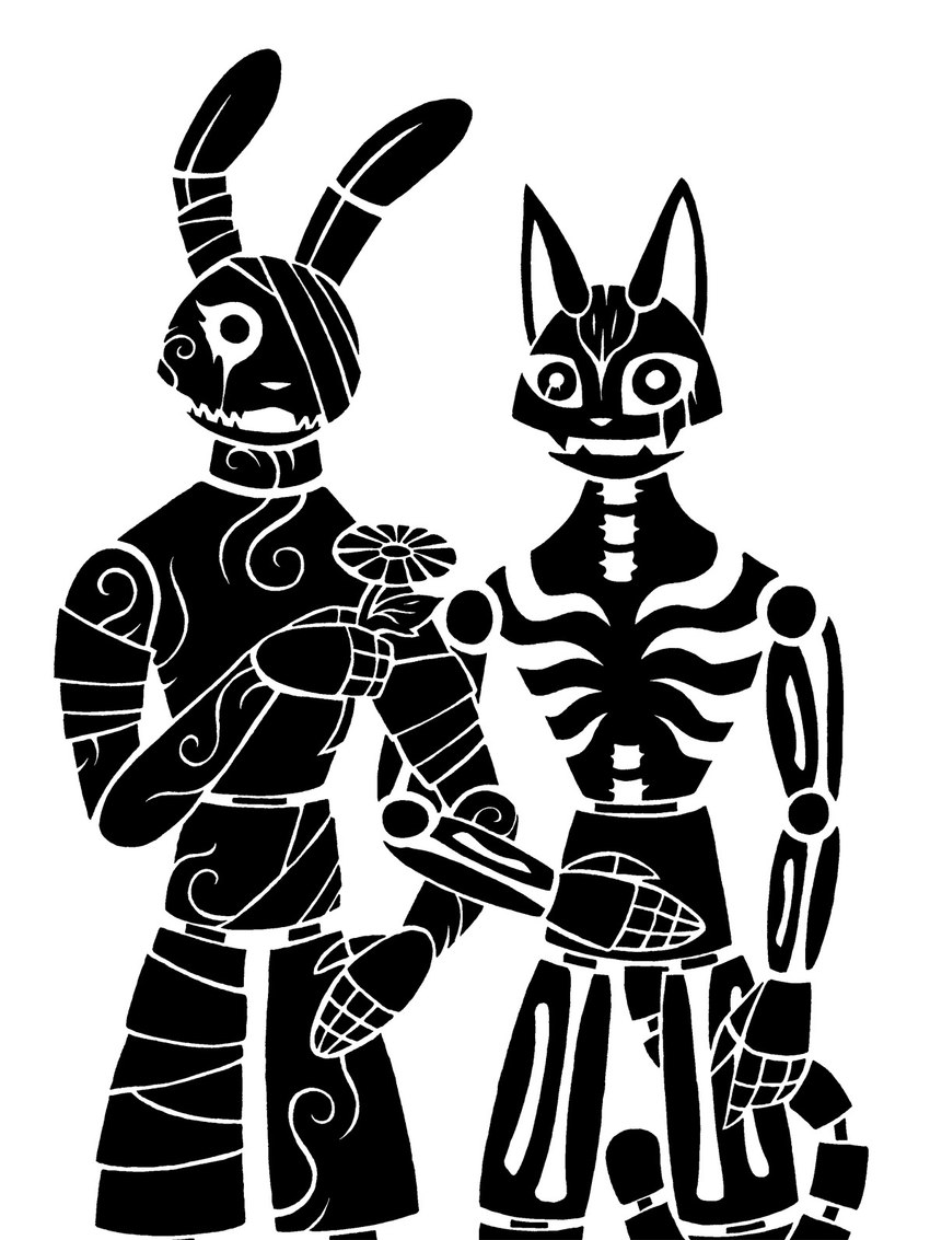 4_fingers alternate_species anthro bandage bandaged_arm bandaged_ear bandaged_head bandaged_leg biped bone cat_tail duo entwined_arms fangs female fingers flower holding_flower holding_object machine male plant prick_ears rabbit_ears sharp_teeth silhouette simple_background standing tail teeth vertebrae white_background sunnyclockwork five_nights_at_freddy's five_nights_at_freddy's_2 pitch_haven scottgames scp_foundation sarah_crowley scp-2792-2 scp-2999-b stuart_hayward animatronic domestic_cat felid feline felis lagomorph leporid mammal rabbit robot 2014 3:4 black_and_white crossover digital_drawing_(artwork) digital_media_(artwork) hi_res monochrome