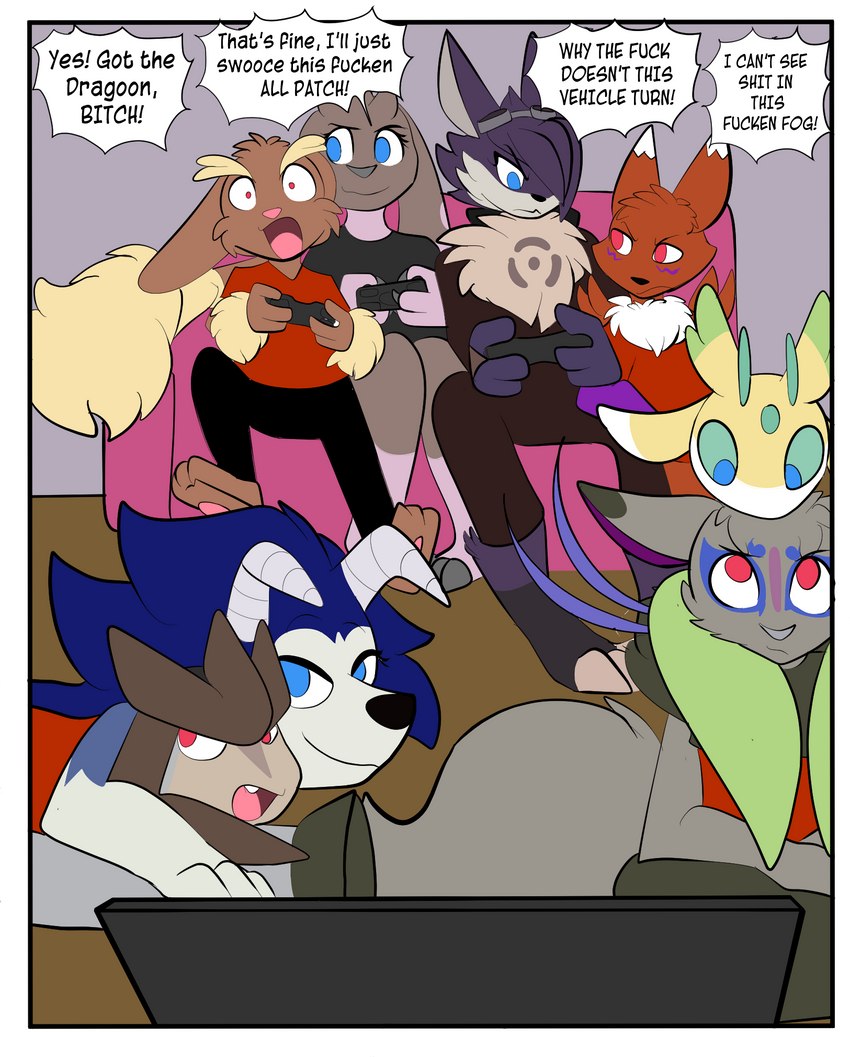 anthro blue_eyes cloning clothed clothing cuddling dialogue eyelashes female feral fingers fur furniture group male pink_eyes profanity sitting sofa text transformation yelling kitsunekotaro bandai_namco digimon level-5 monster_rancher nintendo pokemon tecmo yo-kai_watch darkyubi appmon_(species) canid canine digimon_(species) fox generation_4_pokemon generation_5_pokemon generation_7_pokemon lagomorph legendary_pokemon lopmon lopunny lurantis mammal pokemon_(species) renamon shiny_pokemon shutmon terrakion tiger_(monster_rancher) recolor_(disambiguation) comic english_text hi_res