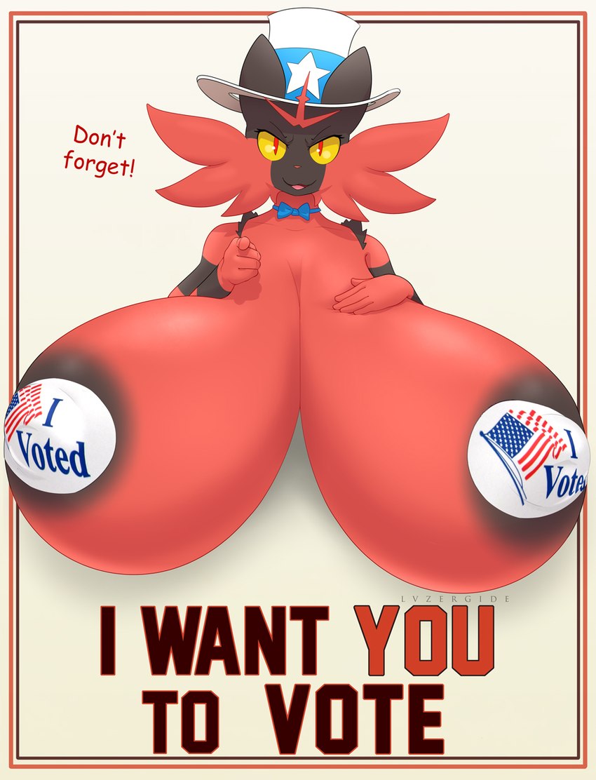 anthro areola big_breasts black_areola bow_(feature) bow_tie breasts clothing dark_areola dialogue female hat headgear headwear huge_breasts hyper hyper_breasts looking_at_viewer nipple_outline parody pasties politics poster poster_template red_eyes solo text top_hat united_states_of_america yellow_sclera lysergide i_want_you nintendo pokemon tits_(lysergide) uncle_sam generation_7_pokemon incineroar pokemon_(species) 2018 2020 comic_sans digital_media_(artwork) english_text hi_res meme