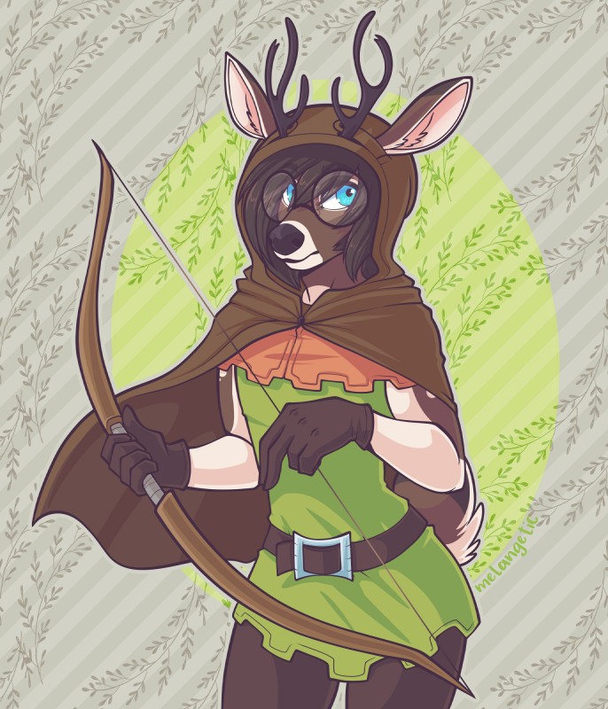 antlers belt blue_eyes bow_(weapon) cape cloak cloth clothing cosplay costume eyewear glasses gloves handwear holding_object holding_weapon horn male ranged_weapon round_glasses shirt solo topwear tunic weapon melangetic dragon's_crown vanillaware cozmo_boa elf_(dragon's_crown) deer mammal hi_res