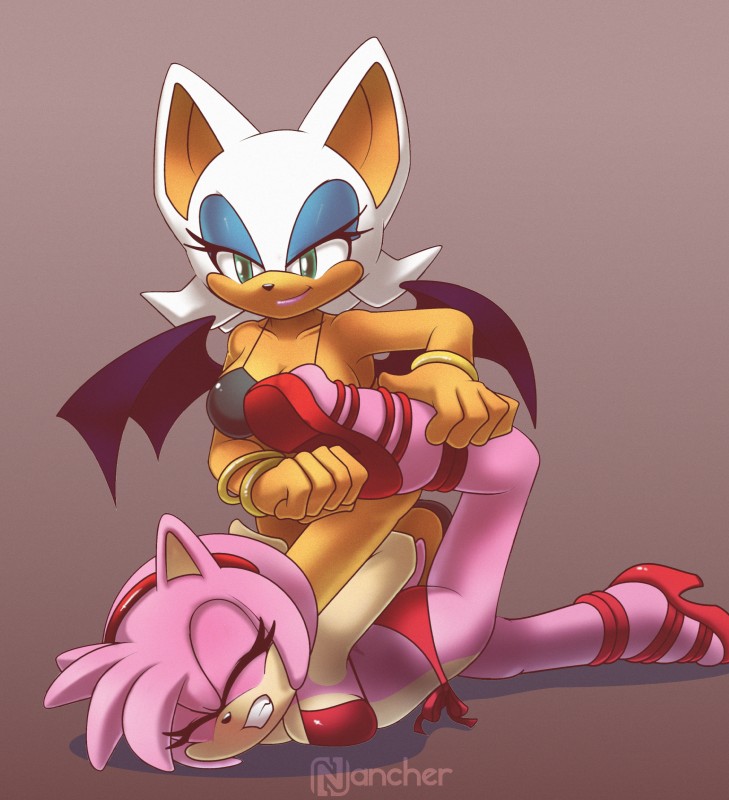 anthro bikini bracelet breast_squish breasts clenched_teeth clothing duo eyes_closed female female/female footwear green_eyes high_heels jewelry pain shoes simple_background smile squish swimwear teeth two-piece_swimsuit wings wrestling nancher sega sonic_the_hedgehog_(series) amy_rose rouge_the_bat bat eulipotyphlan hedgehog mammal absurd_res hi_res