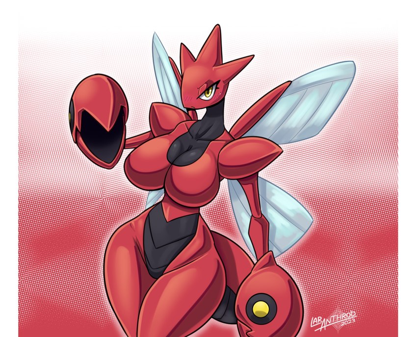 anthro arthropod_abdomen big_breasts breasts claws eyelashes featureless_breasts featureless_crotch female looking_at_viewer number pokemorph pupils simple_background solo standing text white_sclera wings yellow_eyes latiar nintendo pokemon arthropod generation_2_pokemon pokemon_(species) scizor 2023 artist_name digital_media_(artwork) english_text