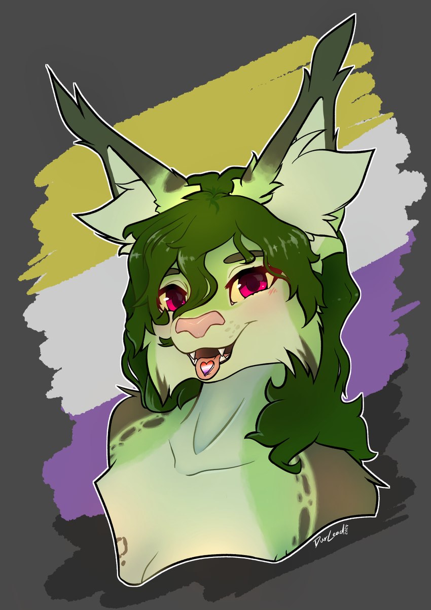 anthro female fur green_body green_fur green_hair hair heart_symbol lgbt_pride looking_at_viewer open_mouth pride_colors purple_eyes smile solo tongue tongue_out durlead lgbt_pride_month kii_(durlead) felid feline lynx mammal bust_portrait hi_res portrait