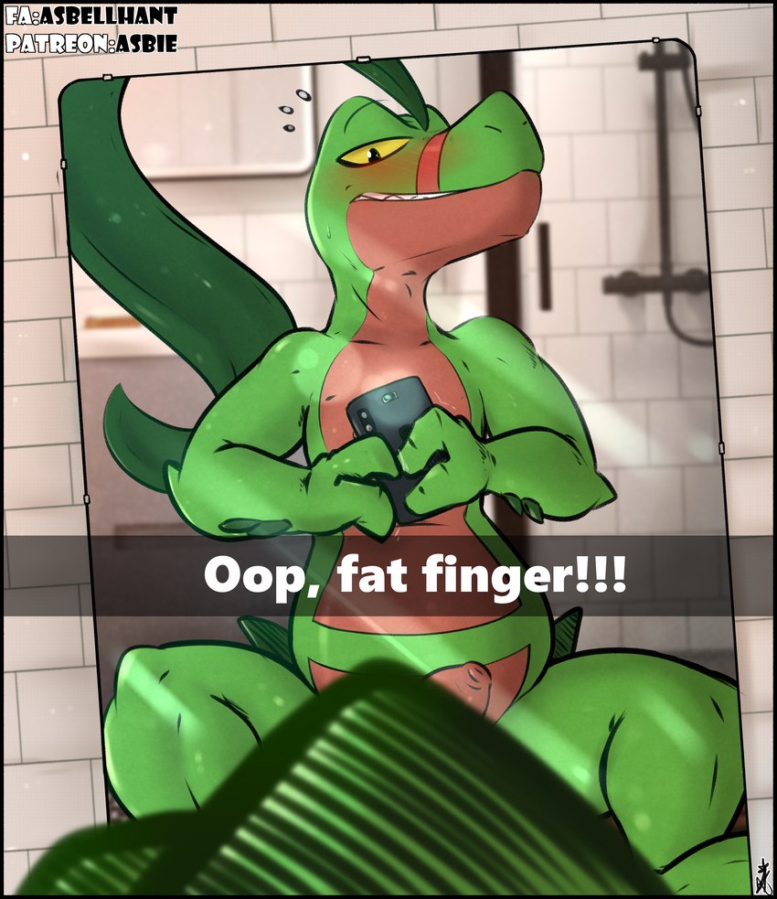 anthro bathroom detailed_background electronics foreskin genitals grin humanoid_genitalia humanoid_penis leaf looking_at_object looking_at_phone male muscular muscular_male penis phone presenting selfie slightly_chubby smile solo spread_legs spreading yellow_eyes asbel_lhant conditional_dnp nintendo pokemon nogard generation_3_pokemon grovyle pokemon_(species) 2021 absurd_res hi_res