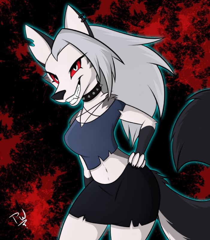 anthro bottomwear breasts clothing crop_top female glowing_outline navel red_sclera shirt shoulderless_shirt skirt solo teeth topwear torn_clothing paddywolfmr helluva_boss mythology loona_(helluva_boss) canid canid_demon canine demon hellhound mammal mythological_canine mythological_creature 2019 hi_res