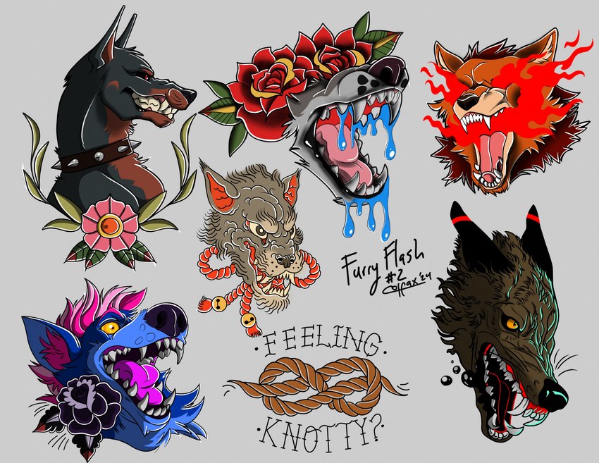 ambiguous_gender american_traditional bodily_fluids drooling fangs feral fire flower group humor plant pun rope rose_(flower) saliva sharp_teeth snarling snout tattoo_design teeth text ukiyo-e whiskers colfaxwulffy canid canine canis domestic_dog mammal wolf english_text hi_res