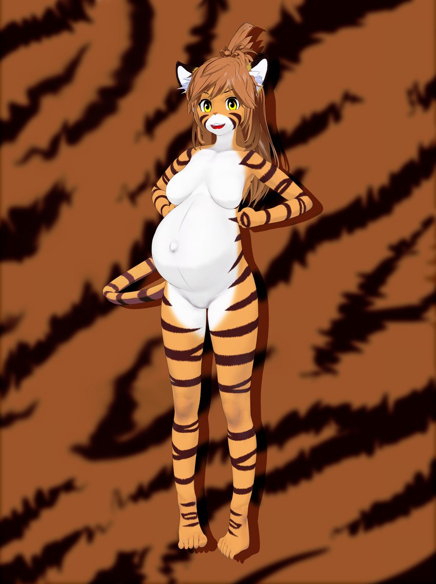 breasts brown_hair countershading featureless_breasts featureless_crotch female fur hair long_hair multicolored_body multicolored_fur orange_body orange_fur pregnant pregnant_female striped_body striped_fur stripes white_body white_fur yellow_eyes hdddestroyer twokinds flora_(twokinds) felid mammal pantherine tiger 3d_(artwork) absurd_res digital_media_(artwork) hi_res