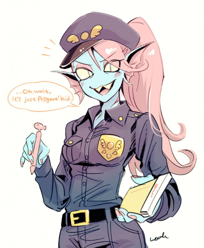 badge bar_emanata belt blush clothed clothing dialogue dual_holding ear_fins emanata female fin hair hat headgear headwear heart_symbol holding_note_pad holding_object holding_pen holding_writing_utensil looking_at_viewer name_drop name_in_dialogue note_pad notebook pen police police_uniform simple_background smile solo speech_bubble text themed_object uniform white_background writing_utensil noaharbre deltarune undertale undertale_(series) undyne animal_humanoid fish fish_humanoid humanoid marine marine_humanoid 2018 digital_media_(artwork) english_text hi_res signature