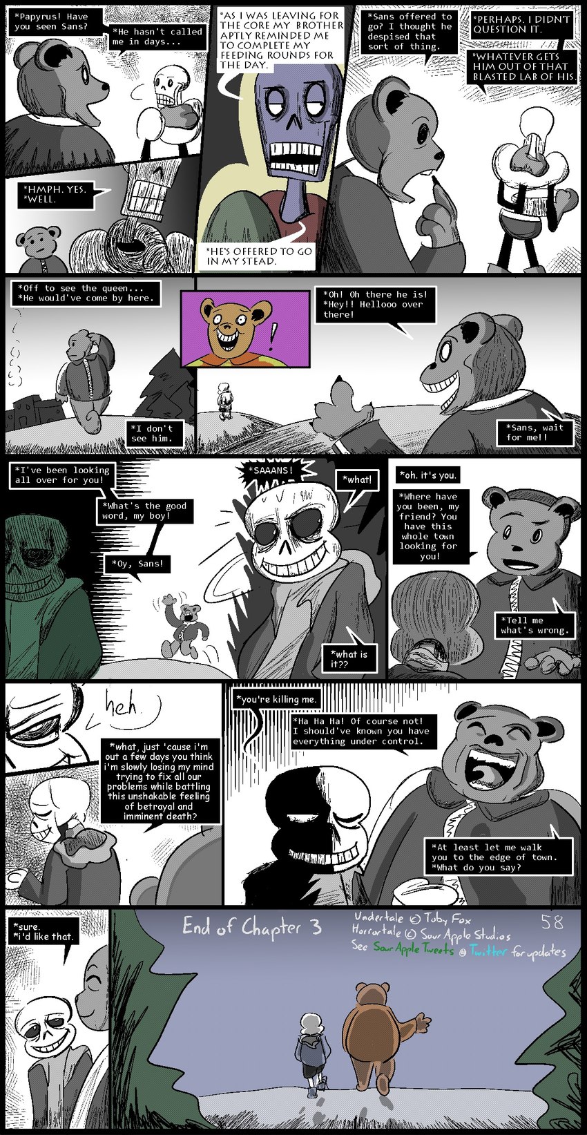 alternate_universe anthro bone clothed clothing dialogue exclamation_point greeting male open_mouth plant skeleton speech_bubble teeth text topwear tree sour-apple-studios horrortale undertale undertale_(series) papyrus_(undertale) sans_(undertale) animated_skeleton bear boss_monster_(undertale) humanoid mammal undead comic english_text hi_res monochrome