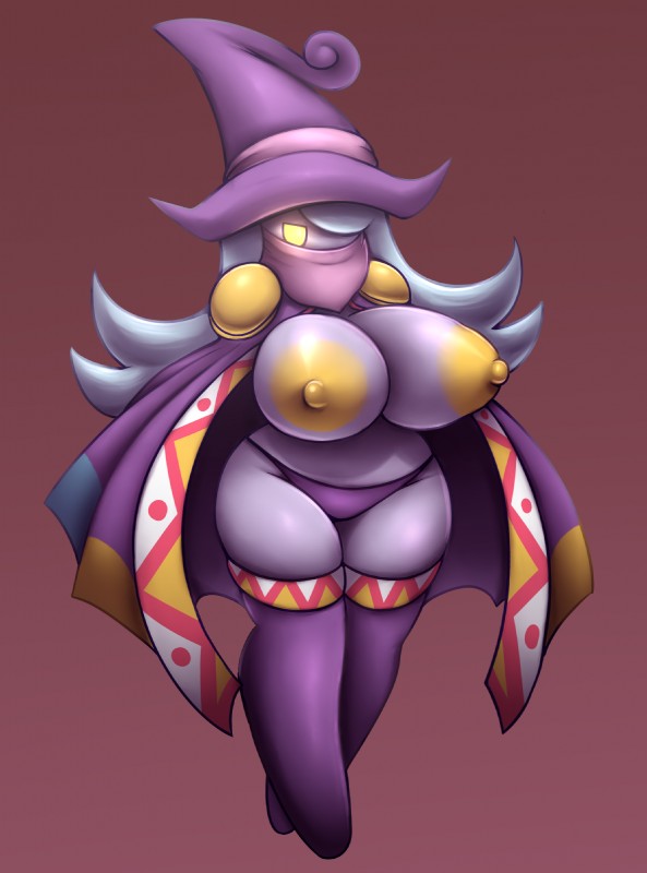 areola big_areola big_breasts big_nipples blue_hair breasts cloak clothed clothing female hair hat headgear headwear huge_areola huge_nipples kerchief nipples not_furry red_background short_stack simple_background solo topless witch_hat yellow_areola yellow_eyes yellow_nipples elfdrago kirby:_canvas_curse kirby_(series) nintendo drawcia humanoid hi_res