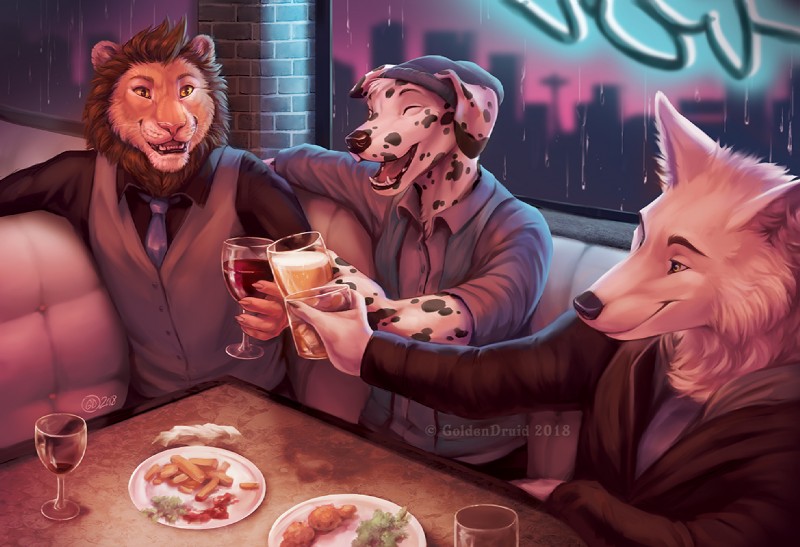 alcohol anthro bar beer beverage black_nose cheers city clothed clothing detailed_background dinner eating eyewear food fries fully_clothed fur furniture glasses group high-angle_view lakota laugh male male_anthro painting party restaurant seattle slice_of_life smile table toasting whiskey wine goldendruid lakota_lander canid canine canis dalmatian domestic_dog felid lion mammal pantherine wolf 2018 digital_media_(artwork) half-length_portrait portrait restricted_palette warm_colors