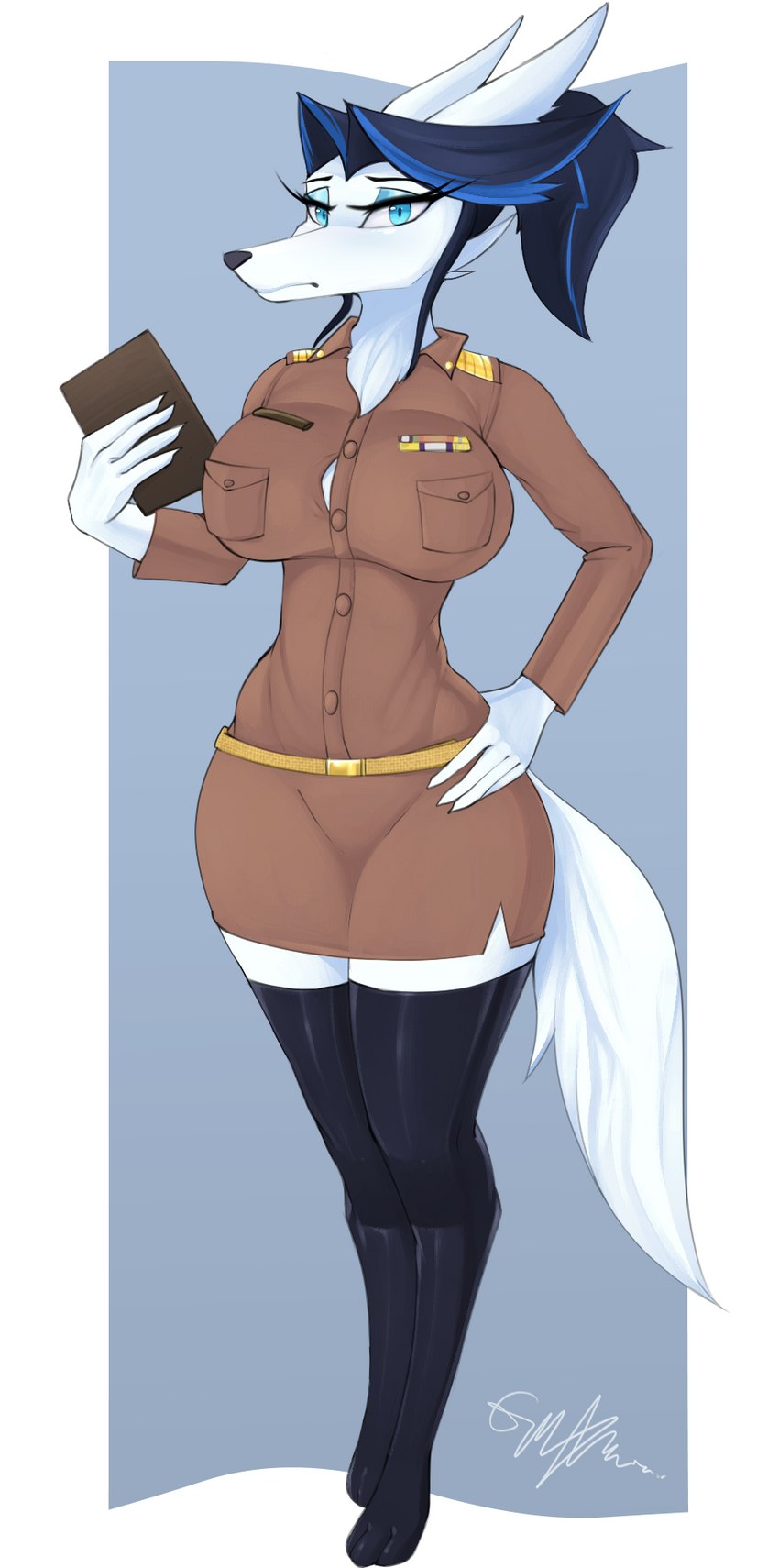 anthro big_breasts blue_eyes breasts female latex solo teacher teacher_clothing thick_thighs white_body ogwyn_dieselo miss_jenine canid canine fox mammal hi_res