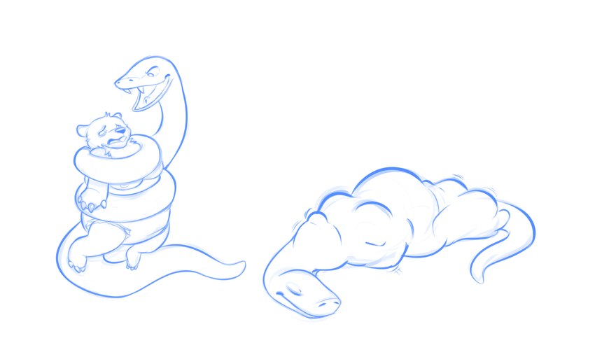 abdominal_bulge anthro anthro_prey body_outline coiling diaper duo face_imprint female feral feral_pred fully_inside imprint male open_mouth serpentine sleeping sleeping_pred vore myoti bear mammal reptile scalie snake blue_and_white hi_res monochrome