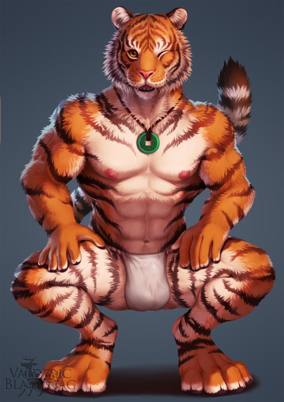 4_toes 5_fingers abs anthro asian_clothing balls_outline biceps black_body black_fur black_pawpads bulge clothed clothing crouching detailed_bulge detailed_fur east_asian_clothing feet fingers fluffy front_view fundoshi fundoshi_only fur genital_outline japanese_clothing jewelry looking_at_viewer male multicolored_body multicolored_fur muscular muscular_anthro muscular_male navel necklace nipples one_eye_closed orange_body orange_fur pawpads pecs pink_nipples pink_nose sheath_outline simple_background solo stripes toes topless underwear underwear_only whiskers white_body white_fur wink yellow_eyes valderic_blackstag flexible_survival ryousei_(flexible_survival) felid mammal pantherine tiger 2016 detailed digital_media_(artwork) hi_res