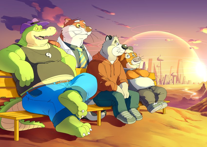 anthro belly bench big_belly blue_bottomwear blue_clothing blue_pants bottomwear clothing detailed_background fur green_body green_scales group hat headgear headwear hoodie kemono male necktie outside overweight overweight_male pants scales shirt sitting sunset tank_top topwear whiskers nookdae brok_the_investigator cowcat_games brok_(brok_the_investigator) dr._mink graff_filsh ott_(brok_the_investigator) alligator alligatorid crocodilian domestic_cat felid feline felis hybrid mammal mink mustelid musteline otter reptile scalie suid suina true_musteline warthog 2024 absurd_res hi_res