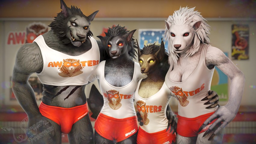 anthro arms_around_partner arms_around_waist black_claws black_mane black_nose bottomwear bulge cataract claws clothed clothing crossdressing detailed_background eye_scar facial_scar fangs female fur glowing glowing_eyes grey_body grey_fur group group_shot hooters_uniform hotpants logo_parody long_claws looking_at_viewer male mane midriff muscular muscular_anthro muscular_male nipple_outline parody pointy_ears poster red_eyes scar shirt shorts size_difference smile smiling_at_viewer tan_body tan_fur tank_top teeth text text_on_bottomwear text_on_clothing text_on_topwear topwear white_body white_fur white_mane yellow_eyes worgan_freeman blizzard_entertainment hooters warcraft almaria_(worgan_freeman) irene_(worgan_freeman) kraygor_(worgan_freeman) raahi_(original_design) raahi_(worgan_freeman) canid mammal werecanid werecreature worgen 2022 3d_(artwork) absurd_res blender_(artwork) digital_media_(artwork) hi_res