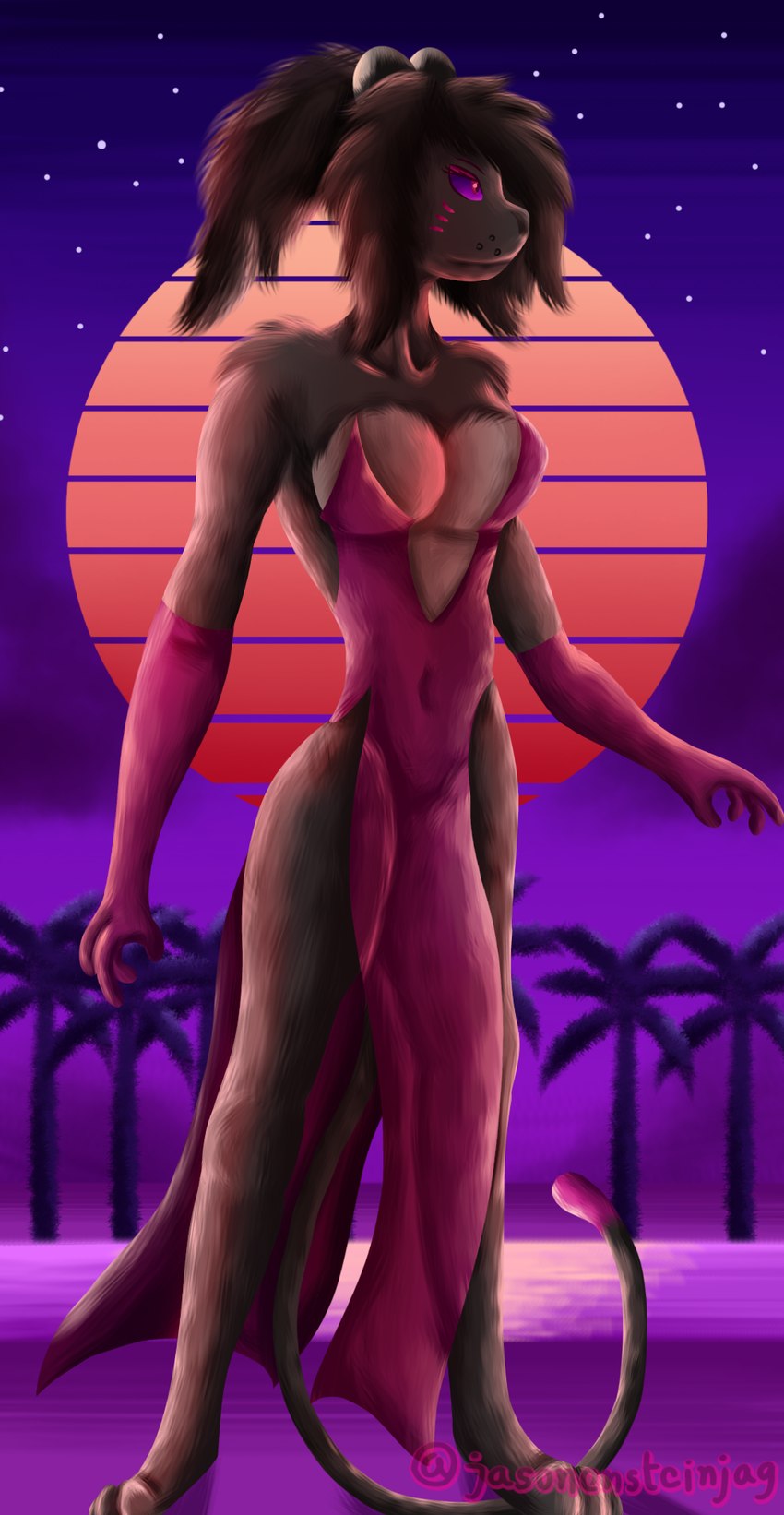 anthro black_body black_fur black_hair breasts cleavage cleavage_cutout clothed clothing cutout dress exposed_breasts female fur gloves hair handwear pink_clothing pink_dress pink_eyes pink_gloves pink_handwear pink_tail plant pose purple_eyes slim slit_dress solo standing sun tail thigh_gap tree vaporwave jigglyjasy_(artist) jasy_(jigglyjasy) felid feline jaguar mammal pantherine hi_res pinup