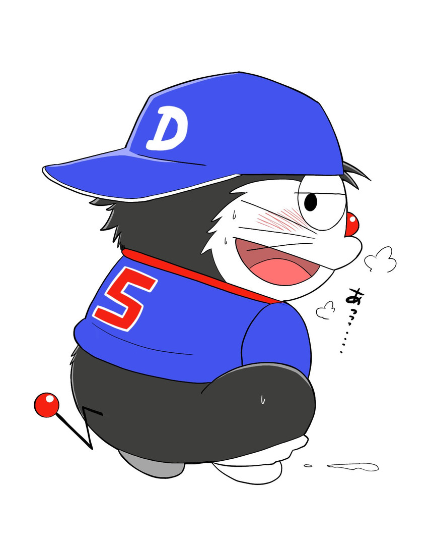 anthro black_body blush bodily_fluids butt clothing cum cum_on_ground genital_fluids hat headgear headwear kemono shirt simple_background solo sweat text topwear white_background white_body gayousi7 dorabase doraemon kuroemon 2020 hi_res japanese_text