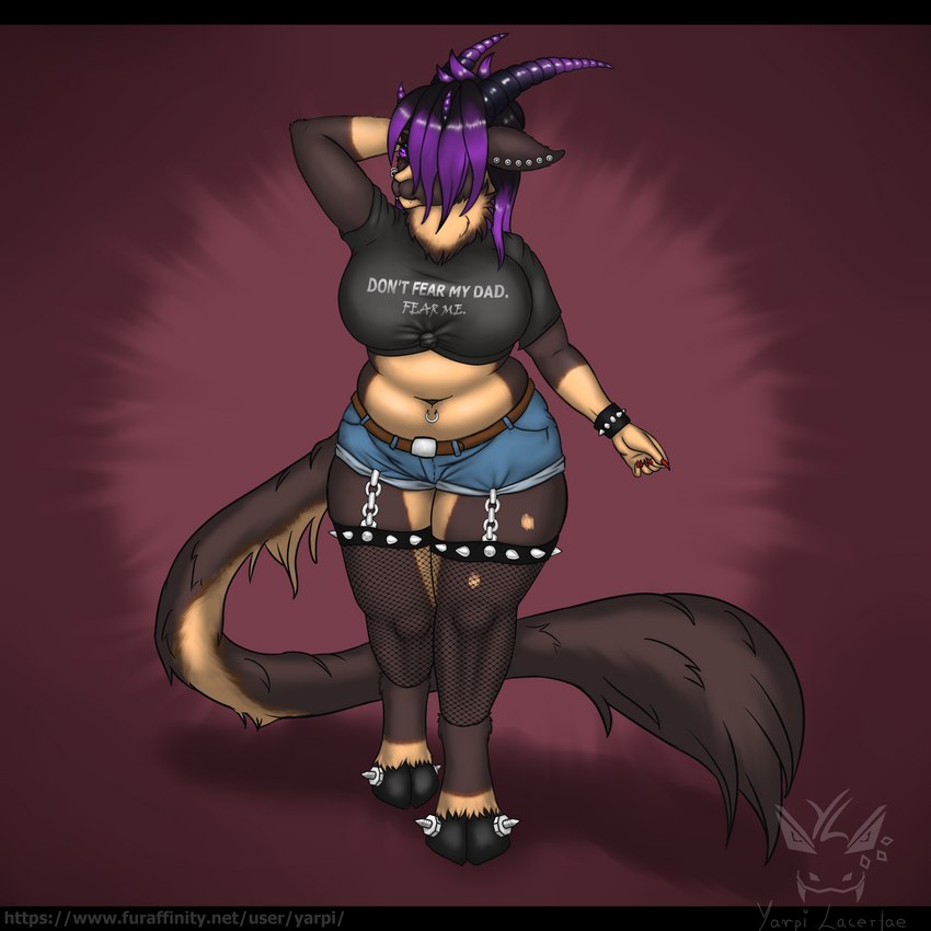 anthro belly big_breasts breasts clothed clothing curvy_figure ear_piercing facial_piercing female fishnet_clothing gradient_hair hair holidays hoof_piercing hooves huge_breasts navel navel_piercing navel_ring neck_tuft nose_piercing nose_ring one_eye_visible piercing purple_eyes purple_hair ring_piercing shirt solo text text_on_clothing text_on_shirt text_on_topwear thick_thighs topwear tuft wide_hips yarpi christmas krampus persephone_(yarpi) bovid caprine caprine_demon demon goat_demon mammal 1:1 2022 absurd_res digital_media_(artwork) english_text hi_res