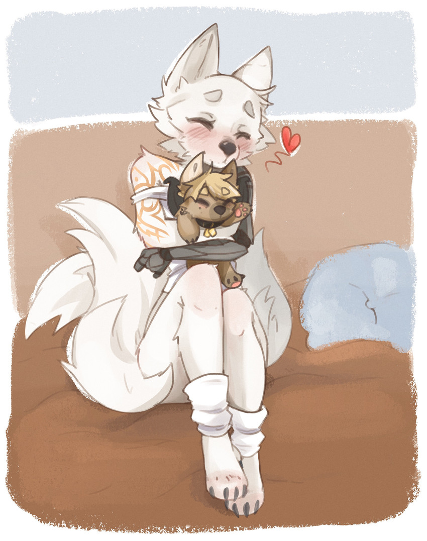 anthro bed blush clothing female fur furniture hug metal_arm plushie shirt solo tank_top tattoo topwear white_body white_fur poduu erica_(dehelleman) canid canine canis mammal wolf absurd_res hi_res