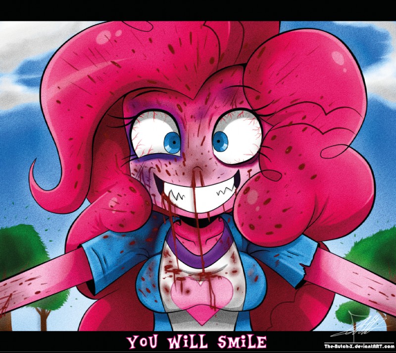 alternate_species blood bodily_fluids clothing cloud female gore hair humanized not_furry pink_body pink_hair pink_skin plant sky smile solo teeth text tree the-butcher-x friendship_is_magic hasbro my_little_pony pinkie_pie_(mlp) human mammal signature