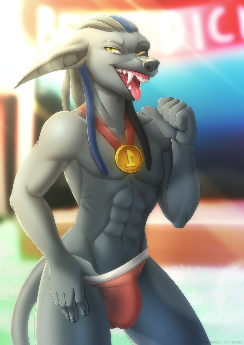 abs anthro bulge clothed clothing detailed_bulge genital_outline male medal muscular muscular_anthro muscular_male pecs penis_outline solo topless yellow_eyes anifansy deadman_joe_velasquez anubian_jackal canid canine canis jackal mammal absurd_res hi_res