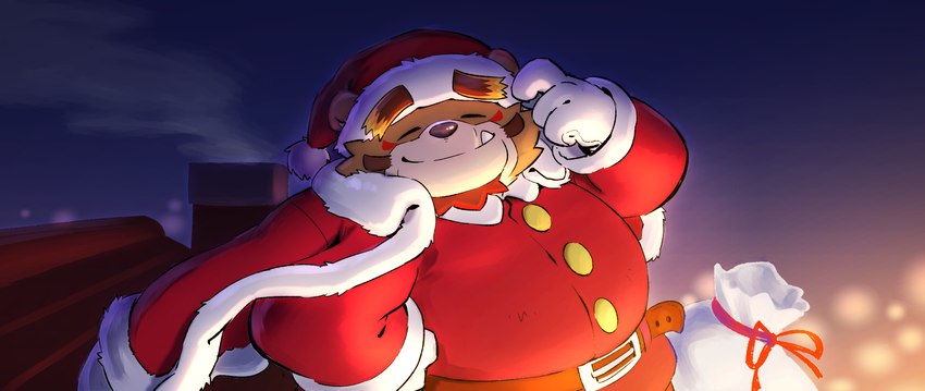 anthro brown_body brown_fur christmas_clothing christmas_headwear clothing cute_fangs eyes_closed fangs fur hat headgear headwear holidays humanoid_hands kemono male night outside overweight overweight_male santa_hat solo teeth gokrakstyle christmas sengoku_puzzle saigou_shirou santa_claus bear mammal 2021 hi_res