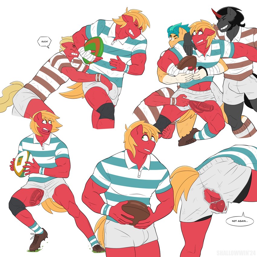 anthro balls black_hair blonde_hair blood bodily_fluids bulge clothing dialogue genitals group hair male nosebleed penis rugby rugby_ball rugby_uniform size_difference text torn_clothing trio turquoise_hair wardrobe_malfunction shallowwin friendship_is_magic hasbro mlp_g5 my_little_pony big_macintosh_(mlp) hitch_trailblazer_(mlp) king_sombra_(mlp) sprout_cloverleaf_(mlp) earth_pony equid equine horse mammal pony umbrum english_text hi_res