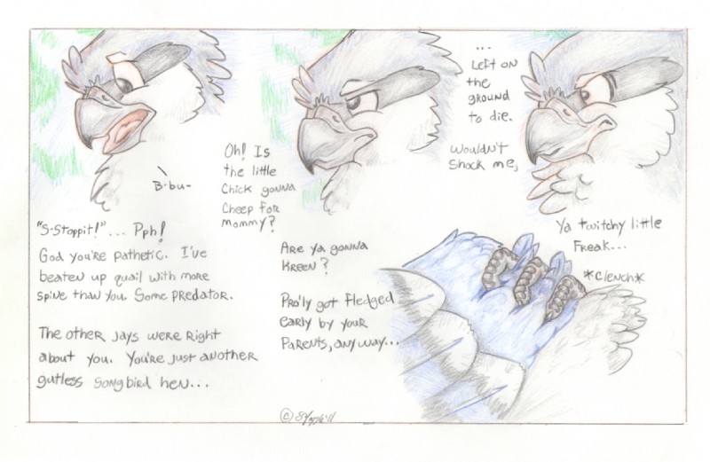 ambiguous_gender angry annoyed dialogue duo feet feral feral_on_feral looking_back lying on_front on_top talons teasing text toes windpaw evan_(windpaw) timothy_(windpaw) avian bird blue_jay corvid jay_(bird) new_world_jay oscine passerine shrike colored_pencil_(artwork) comic english_text traditional_media_(artwork)