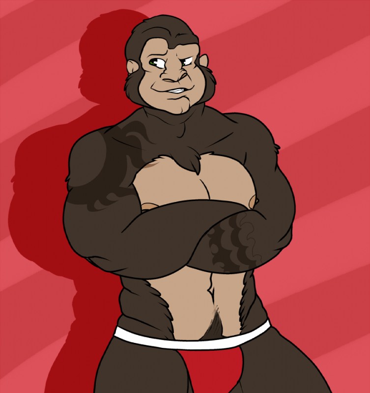 anthro biped black_body black_fur bottomwear clothed clothing crossed_arms eyebrows front_view fur green_eyes looking_away male muscular muscular_anthro muscular_male nipples pattern_background pink_background raised_eyebrow red_bottomwear red_clothing red_underwear simple_background smile smirk solo standing striped_background tattoo teeth topless underwear queenbara evane dax_(evane) ape gorilla haplorhine mammal primate 2015 digital_media_(artwork) half-length_portrait portrait