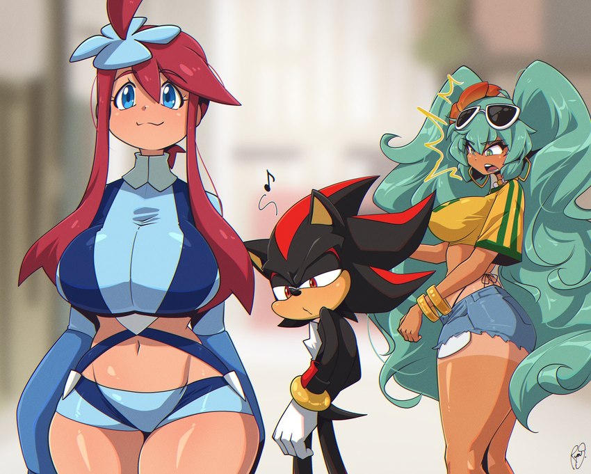 :3 anthro biped breasts clothed clothing eyewear female female_focus green_hair group gym_leader hair human_focus humor long_hair male male/female musical_note musical_symbol navel sunglasses symbol trio mrsakai 2024_pokemon_gigaleak brazilian_miku distracted_boyfriend nintendo pokemon sega shadow_loves_latinas sonic_the_hedgehog_(series) vocaloid hatsune_miku shadow_the_hedgehog skyla_(pokemon) eulipotyphlan hedgehog human mammal 2024 meme