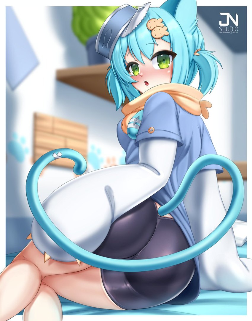 accessory animal_ears armwear bed bed_sheet bedding bedroom big_butt black_bottomwear black_clothing blue_bed_sheet blue_bedding blue_clothing blue_ears blue_hair blue_shirt blue_tail blue_topwear blush blushing_at_viewer bottomwear breasts bubble_butt butt butt_focus canned_food clothed clothing female female_humanoid furniture green_eyes hair hair_accessory headgear headwear inside light-skinned_female light_body light_skin looking_at_viewer looking_back looking_back_at_viewer medium_breasts neckwear open_can open_mouth orange_clothing pillow plant plant_pot potted_plant shirt solo tail teeth thick_thighs tongue topwear tuna_can white_armwear white_clothing white_pillow jnstudio vtuber krumroll animal_humanoid cat_humanoid domestic_cat felid felid_humanoid feline feline_humanoid felis humanoid mammal mammal_humanoid artist_name hi_res signature