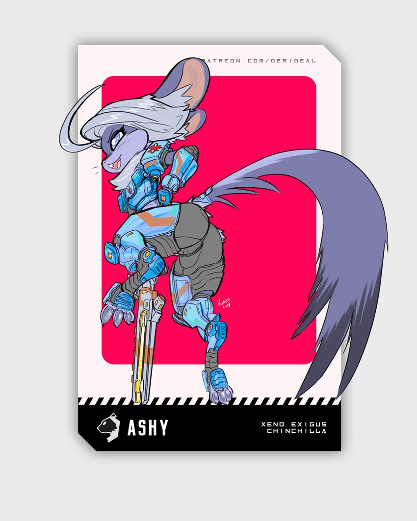 anthro armor claws ears_back female grey_hair hair letters long_tail looking_away open_mouth pivoted_ears simple_background solo symbol tail text tongue weapon kiaun derideal chinchilla chinchillid mammal rodent 2023 4:5 colored digital_drawing_(artwork) digital_media_(artwork) english_text hi_res portrait shaded signature url