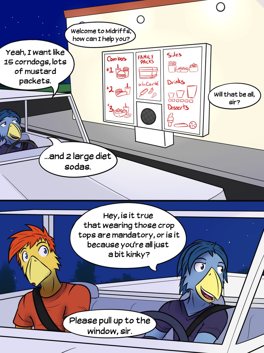 anthro dialogue drive-thru driving male night text truck vehicle fuze texnatsu johnny_(texnatsu) josh_oliver avian bird bluebird chicken galliform gallus_(genus) oscine passerine phasianid thrush_(bird) 3:4 comic english_text hi_res