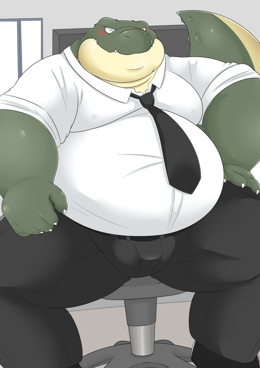 anthro belly big_belly blush bottomwear chair clothing eyes_closed furniture green_body kemono male necktie overweight overweight_anthro overweight_male pants shirt sitting solo topwear bake_gosut crocodilian reptile scalie 2021 hi_res