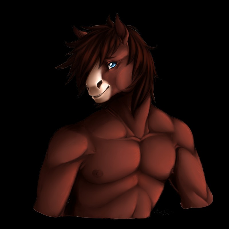 abs anthro athletic biceps blue_eyes brown_body brown_fur brown_hair brown_nipples clothed clothing front_view fur hair hair_over_eye male muscular muscular_anthro nipples nude one_eye_obstructed pecs pose simple_background smile solo topless transparent_background unifawn peekaboo equid equine horse mammal 1:1 2014 alpha_channel half-length_portrait portrait