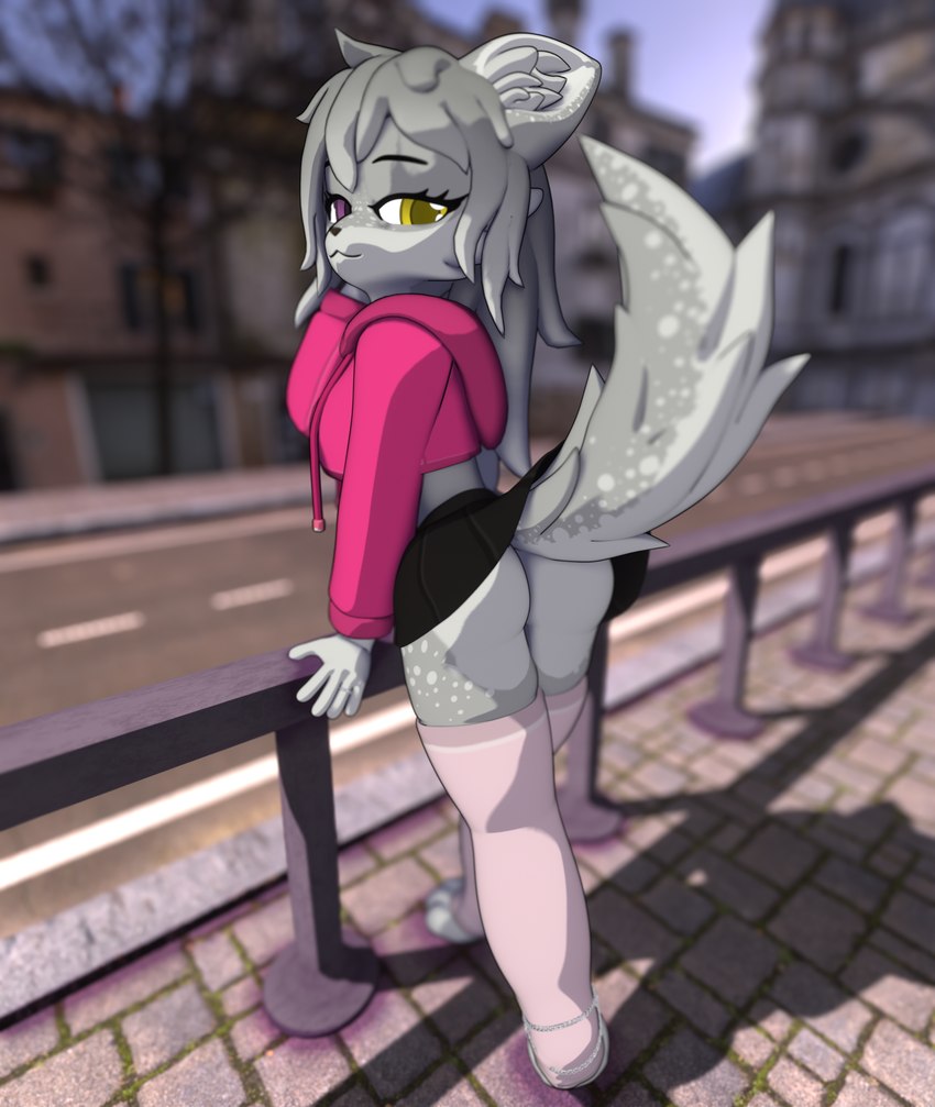 anthro bottomwear building butt clothed clothing clothing_lift female fur hair hoodie inviting legwear looking_at_viewer lustful_gaze narrowed_eyes no_underwear outside public public_exposure seductive skirt skirt_lift smile solo street tail thigh_highs topwear white_body white_fur nolanhaldam blender_eevee kaya_the_vixen canid canine canis fox mammal true_fox 3d_(artwork) blender_(artwork) digital_media_(artwork) hi_res